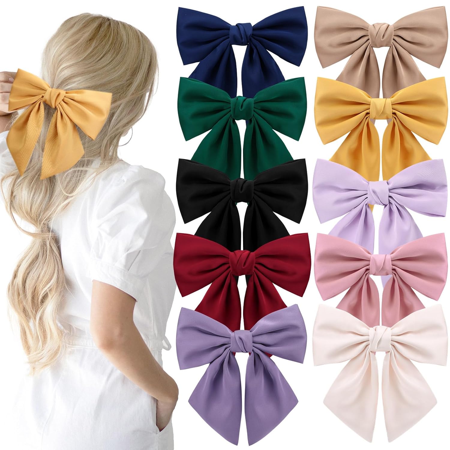 10 PCS Big Hair Bows for Women Girls, TOKUFAGU Hair Bow 8 Inch Hair Clips French Style Barrette Black Bow for Girl Hair Accessories (10 Colors)